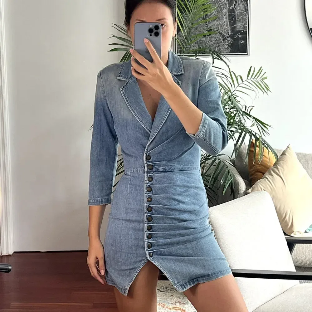 Retrofete Willa Jean Denim Mini Dress Blue XS Western Padded Shoulders - Picture 1 of 6